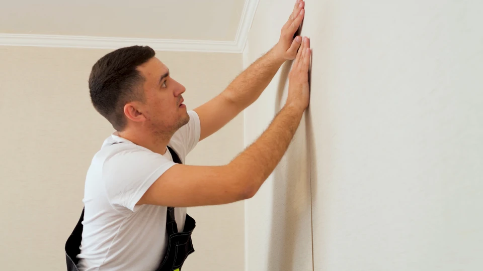 Artisan en salopette et t-shirt blanc installe du papier peint sur mur intérieur résidentiel, appliquant la bande avec les mains près de l'angle et plinthes
